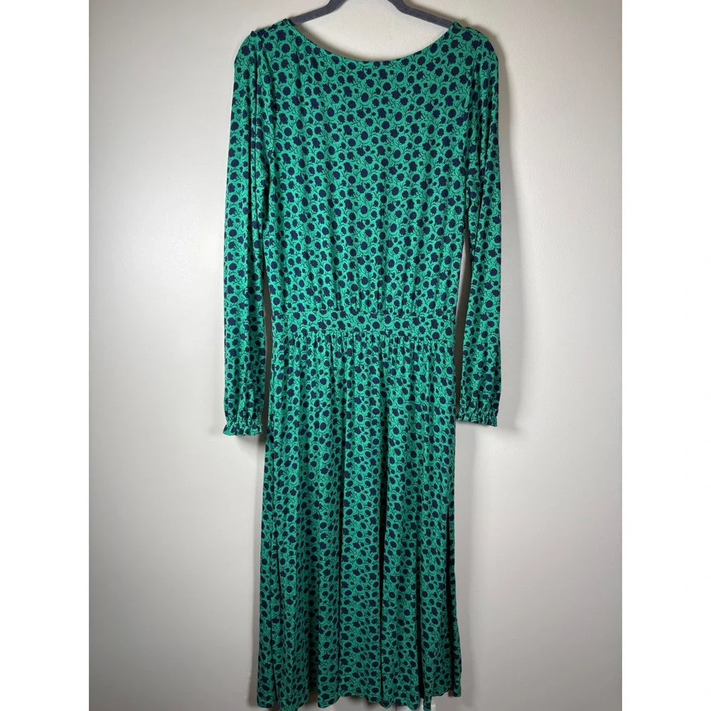 Boden Womens Green Navy Blue Floral Jersey Midi Dress Long Sleeve Size 8R Modest